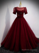 Burgundy Tulle Spaghetti Straps Prom Dress With Detachable Top